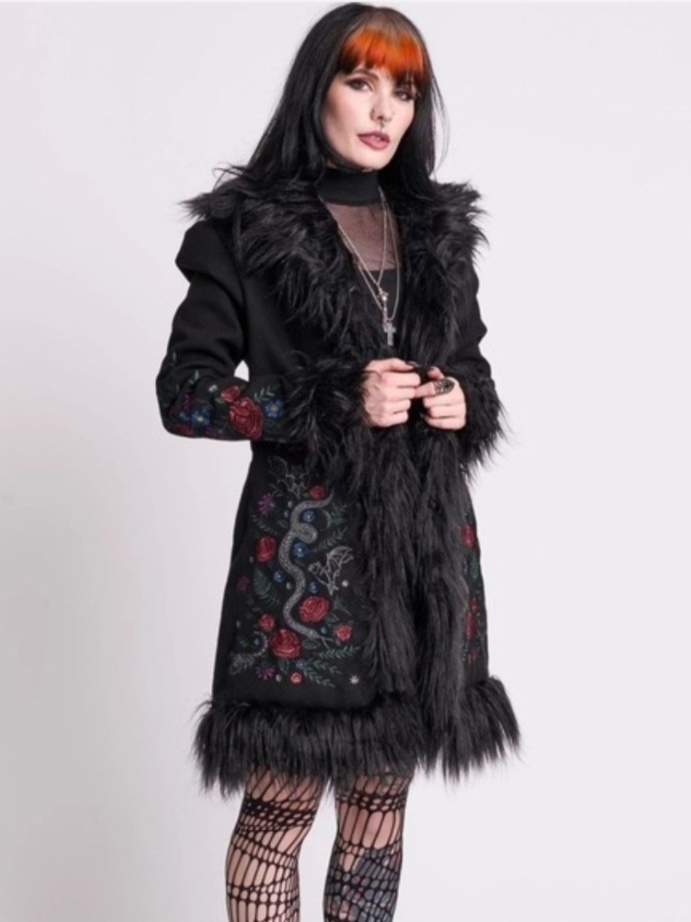 Midnight Hour Black Faux-Fur Trim Embroidered Coat Jacket - XL